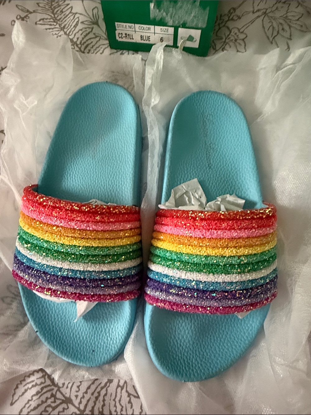Rainbow Glitter Slide Sandals - Blue